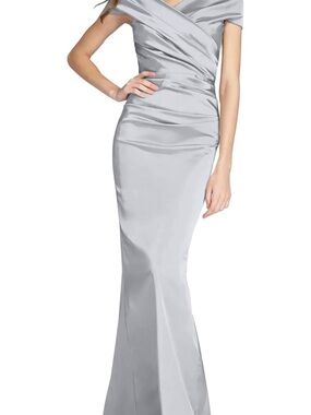 Elegant Silver Off-Shoulder Satin Mermaid Dress